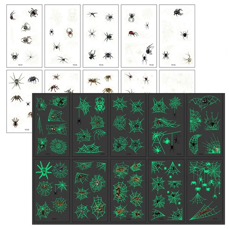 10PCs Halloween Luminous Spider Tattoo Sticker for Kids Adult