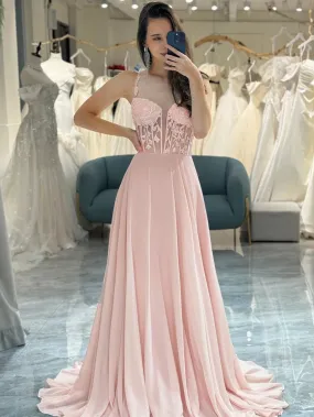 A Line V Neck Pink Lace Prom Dresses, Pink Lace Long Chiffon Formal Evening Dresses
