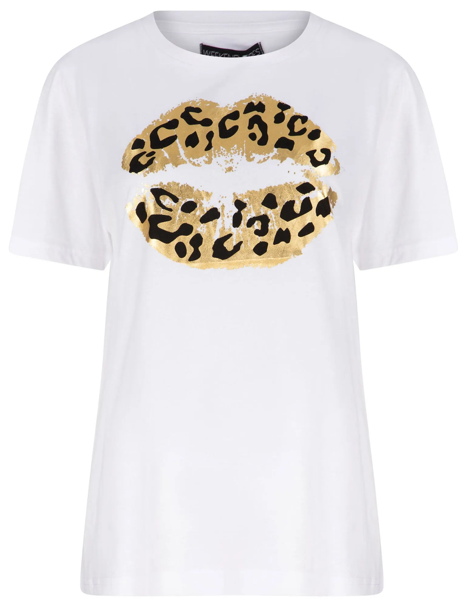 Aurelia Gold Foil Leopard Print Lip Motif Cotton T-Shirt in Bright White - Weekend Vibes