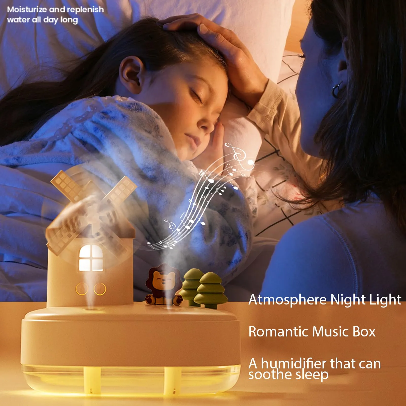 Christmas Gift-Rotating Windmill Music Box Humidifier With Night Light