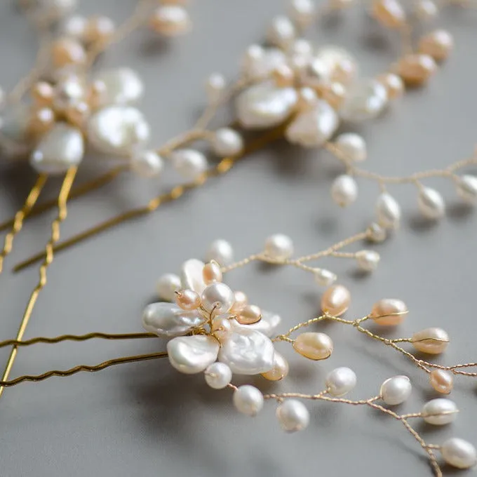 Natural Keshi Pearls Flower Pins Set Bridal Headpiece in Blush Tones
