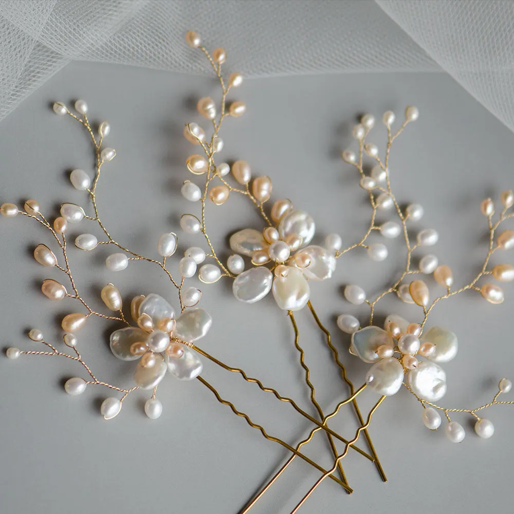 Natural Keshi Pearls Flower Pins Set Bridal Headpiece in Blush Tones
