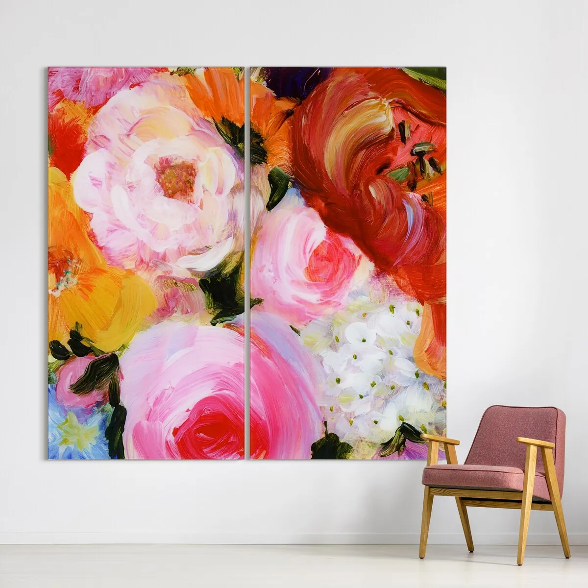 "Blossoms in Rouge & Blush" Oversized 72"x 36" Frameless Free-Floating Reverse Printed Tempered Art Glass Panels Set