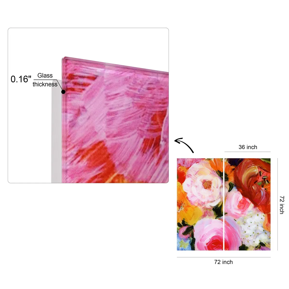 "Blossoms in Rouge & Blush" Oversized 72"x 36" Frameless Free-Floating Reverse Printed Tempered Art Glass Panels Set