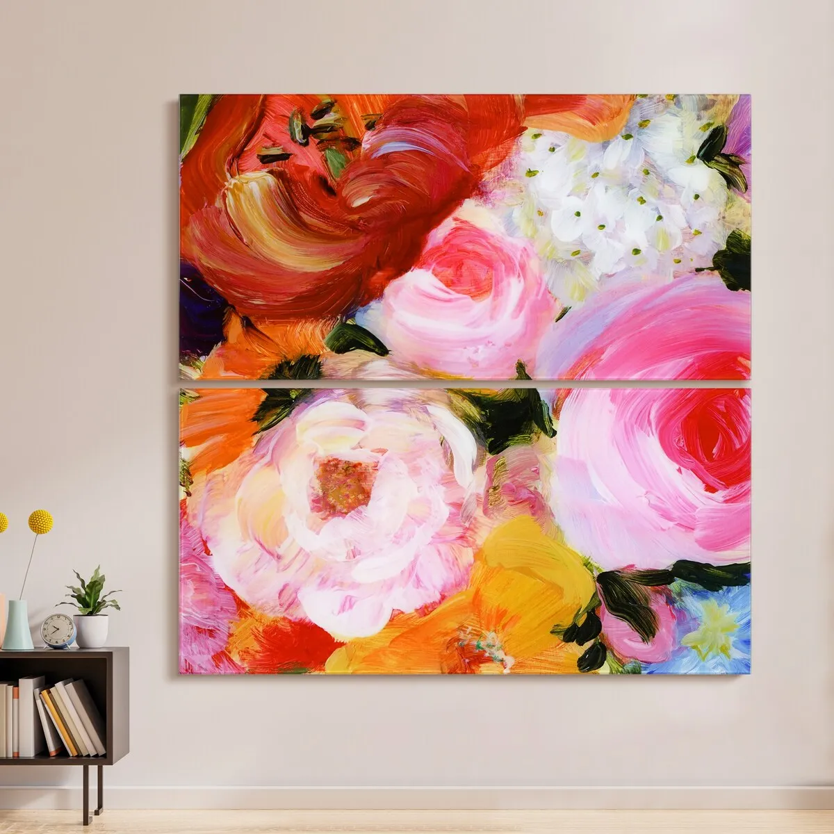 "Blossoms in Rouge & Blush" Oversized 72"x 36" Frameless Free-Floating Reverse Printed Tempered Art Glass Panels Set