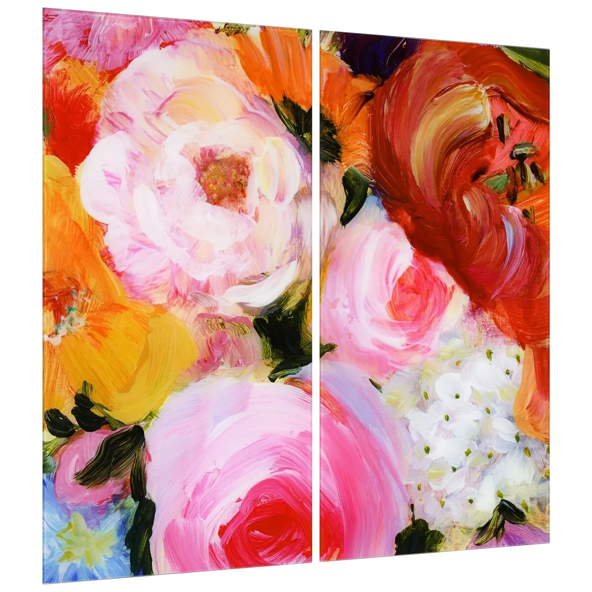 "Blossoms in Rouge & Blush" Oversized 72"x 36" Frameless Free-Floating Reverse Printed Tempered Art Glass Panels Set