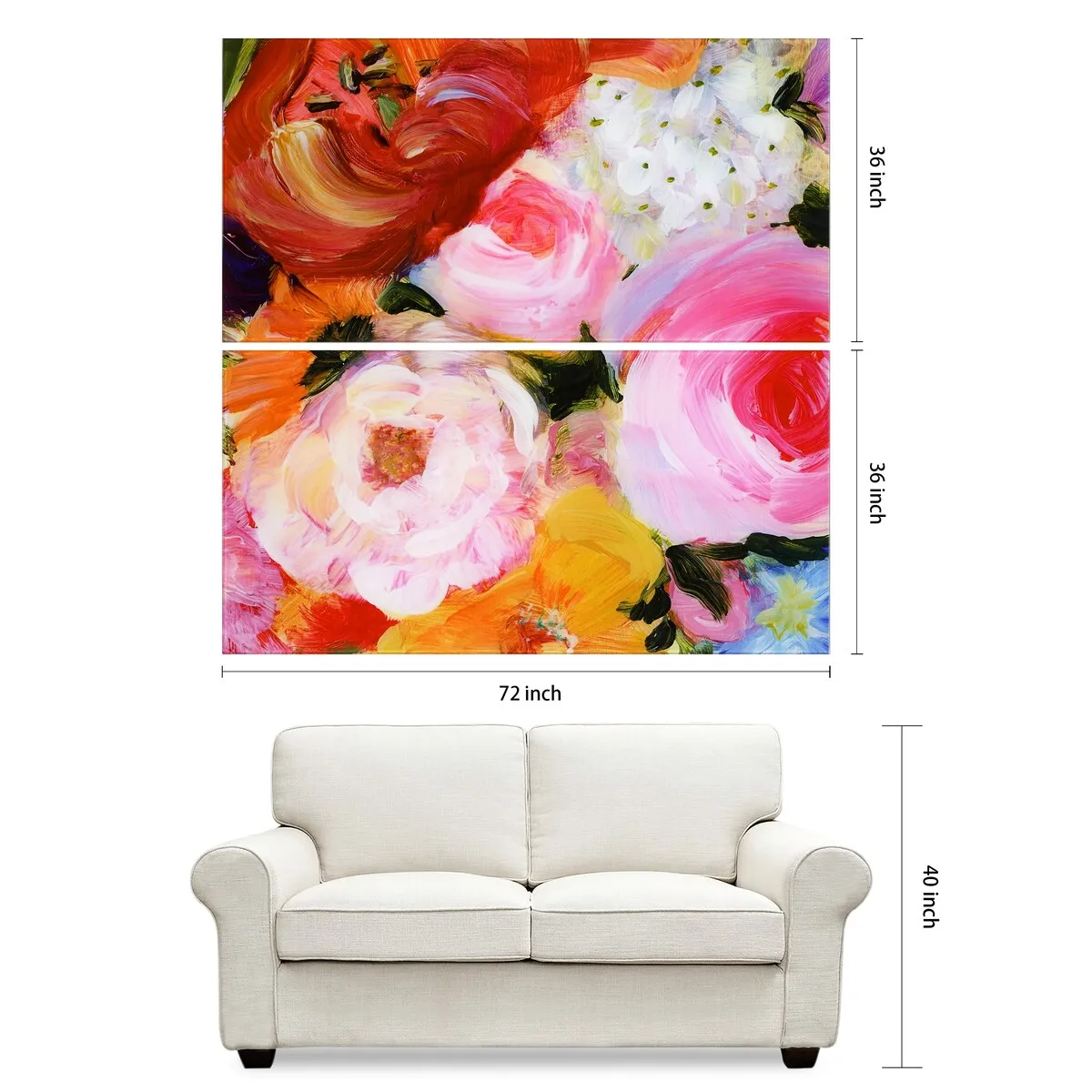 "Blossoms in Rouge & Blush" Oversized 72"x 36" Frameless Free-Floating Reverse Printed Tempered Art Glass Panels Set