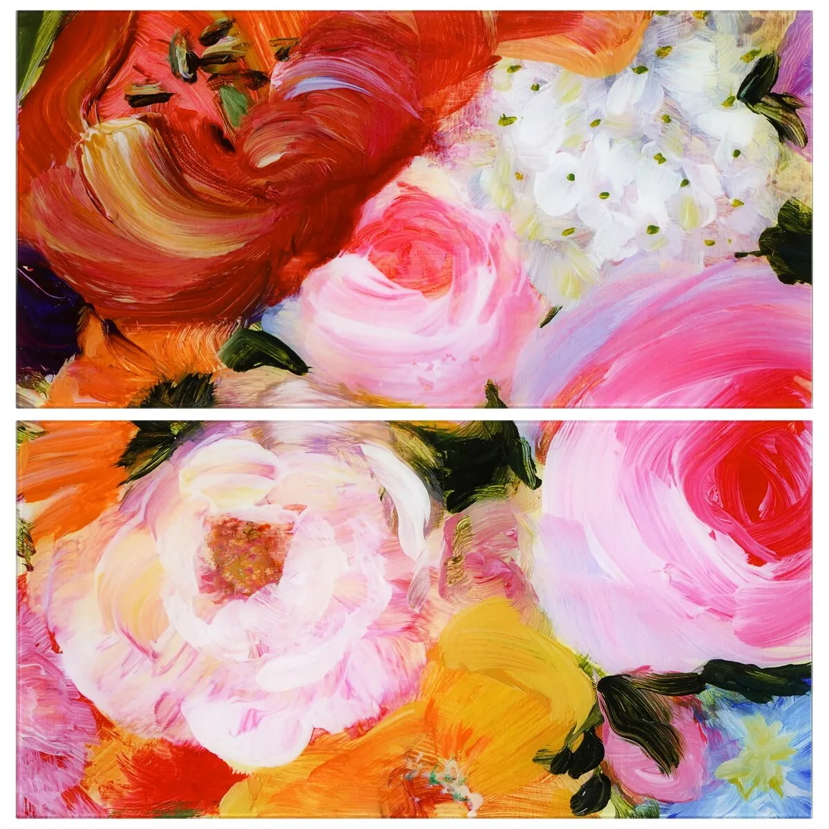 "Blossoms in Rouge & Blush" Oversized 72"x 36" Frameless Free-Floating Reverse Printed Tempered Art Glass Panels Set