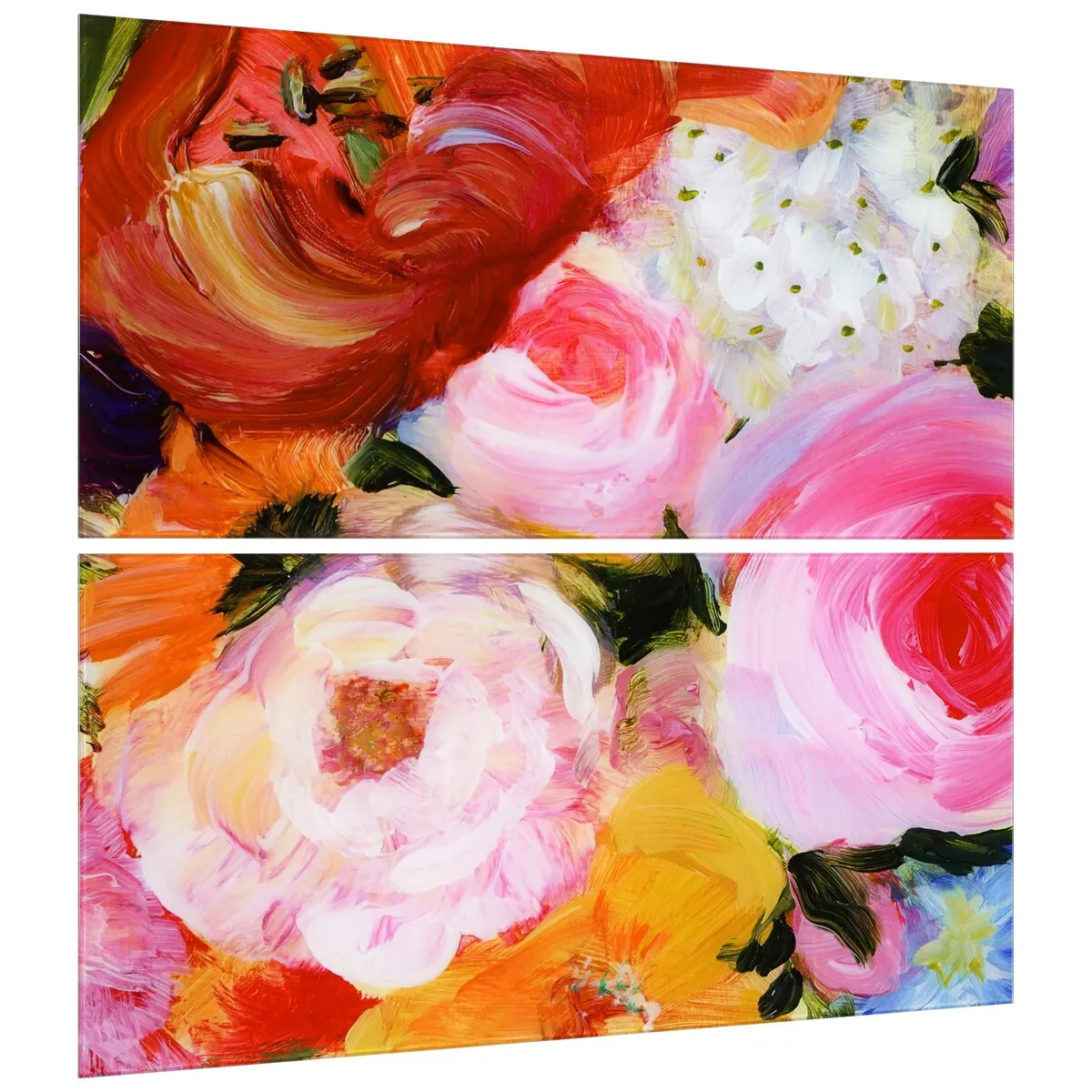 "Blossoms in Rouge & Blush" Oversized 72"x 36" Frameless Free-Floating Reverse Printed Tempered Art Glass Panels Set
