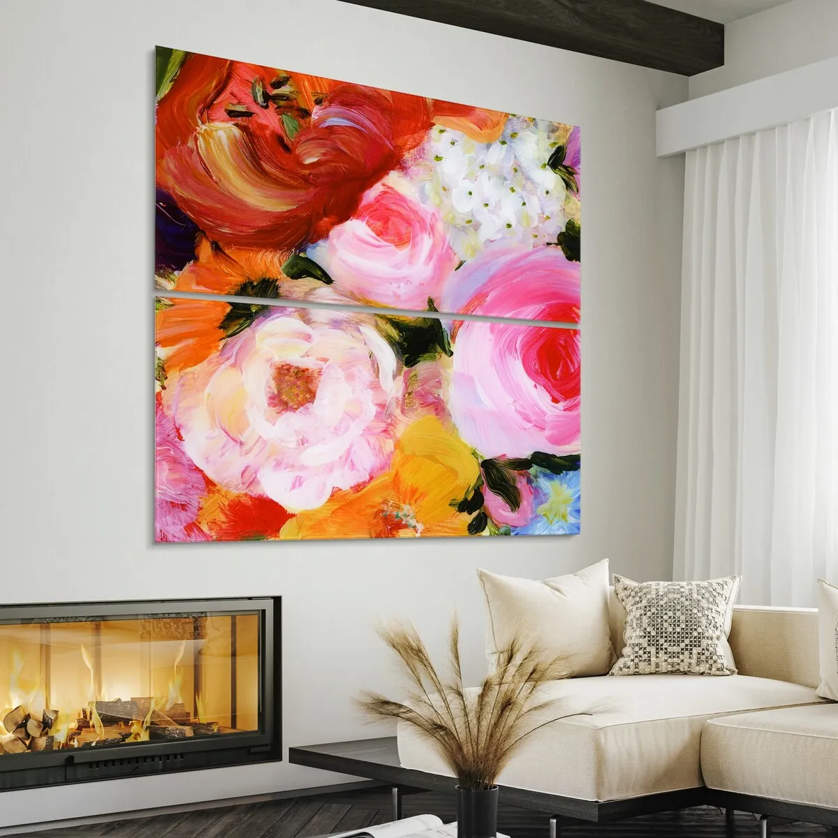 "Blossoms in Rouge & Blush" Oversized 72"x 36" Frameless Free-Floating Reverse Printed Tempered Art Glass Panels Set