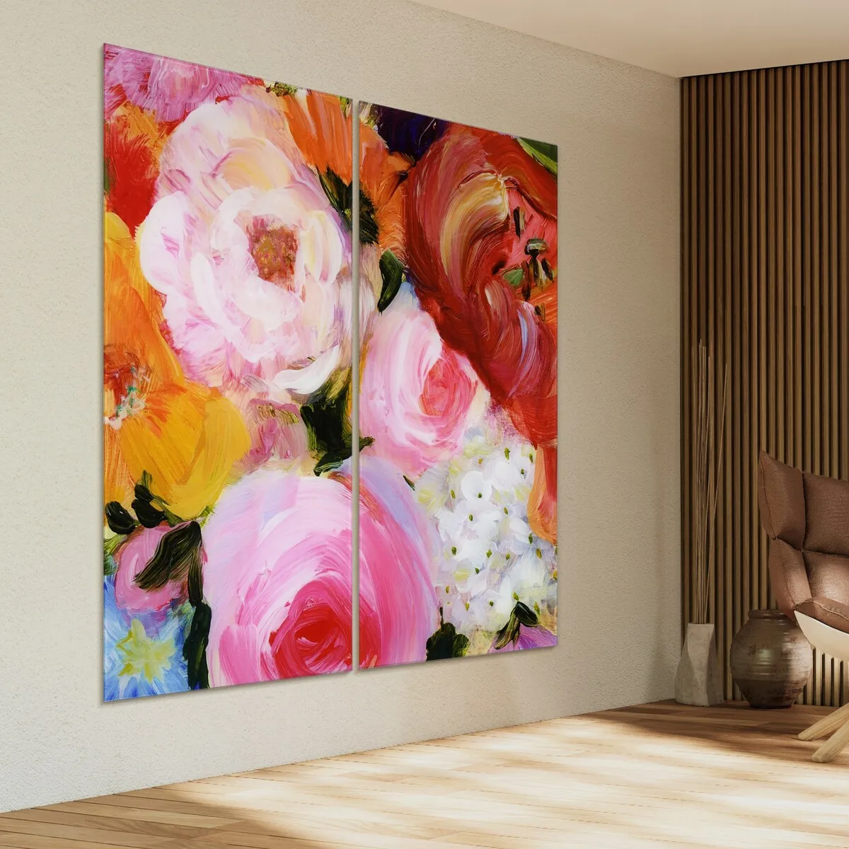 "Blossoms in Rouge & Blush" Oversized 72"x 36" Frameless Free-Floating Reverse Printed Tempered Art Glass Panels Set