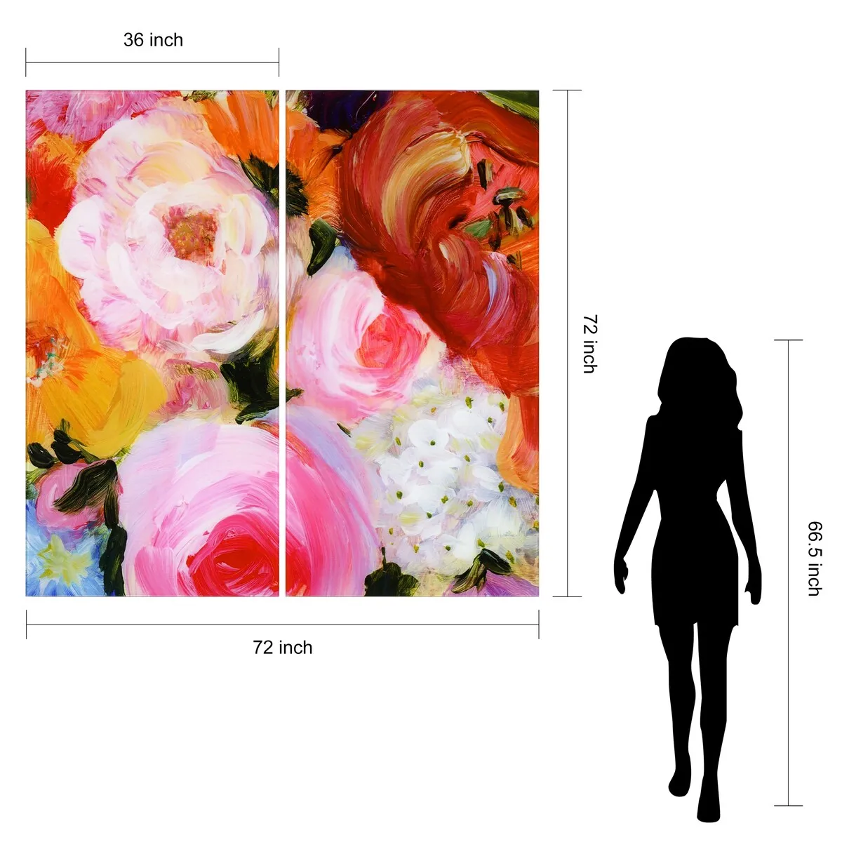 "Blossoms in Rouge & Blush" Oversized 72"x 36" Frameless Free-Floating Reverse Printed Tempered Art Glass Panels Set